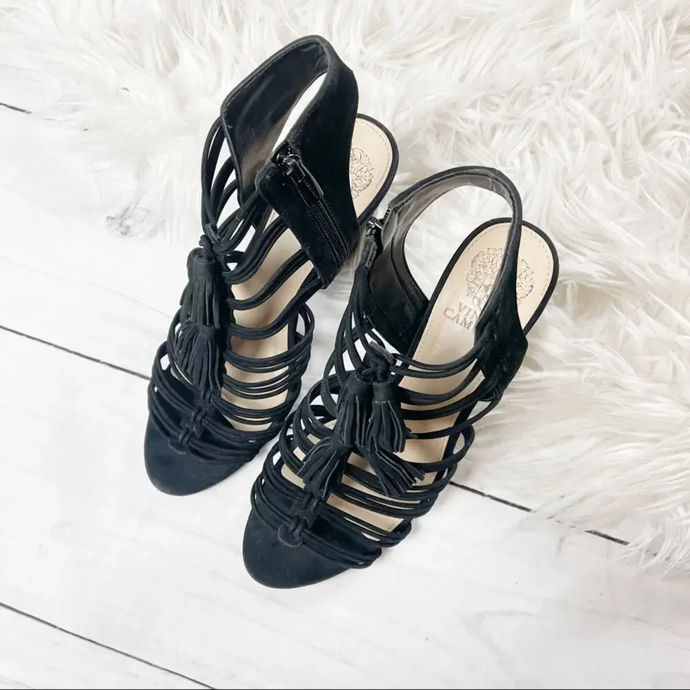 Vince Camuto Edola Heeled Gladiator Peep Toe Sandals in Black Suede Size 8.5‎